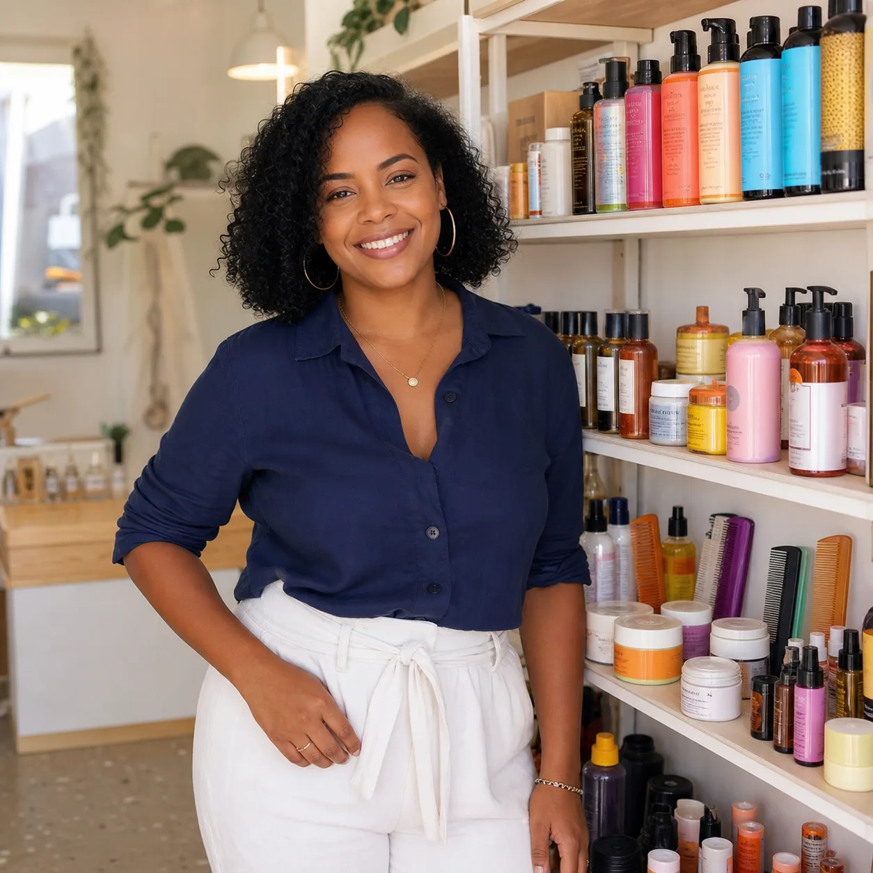 Emprendedora de frente en una tienda de productos capilares
