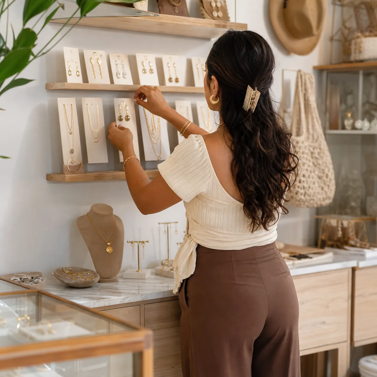 Emprendedora de espaldas organizando joyería en su tienda