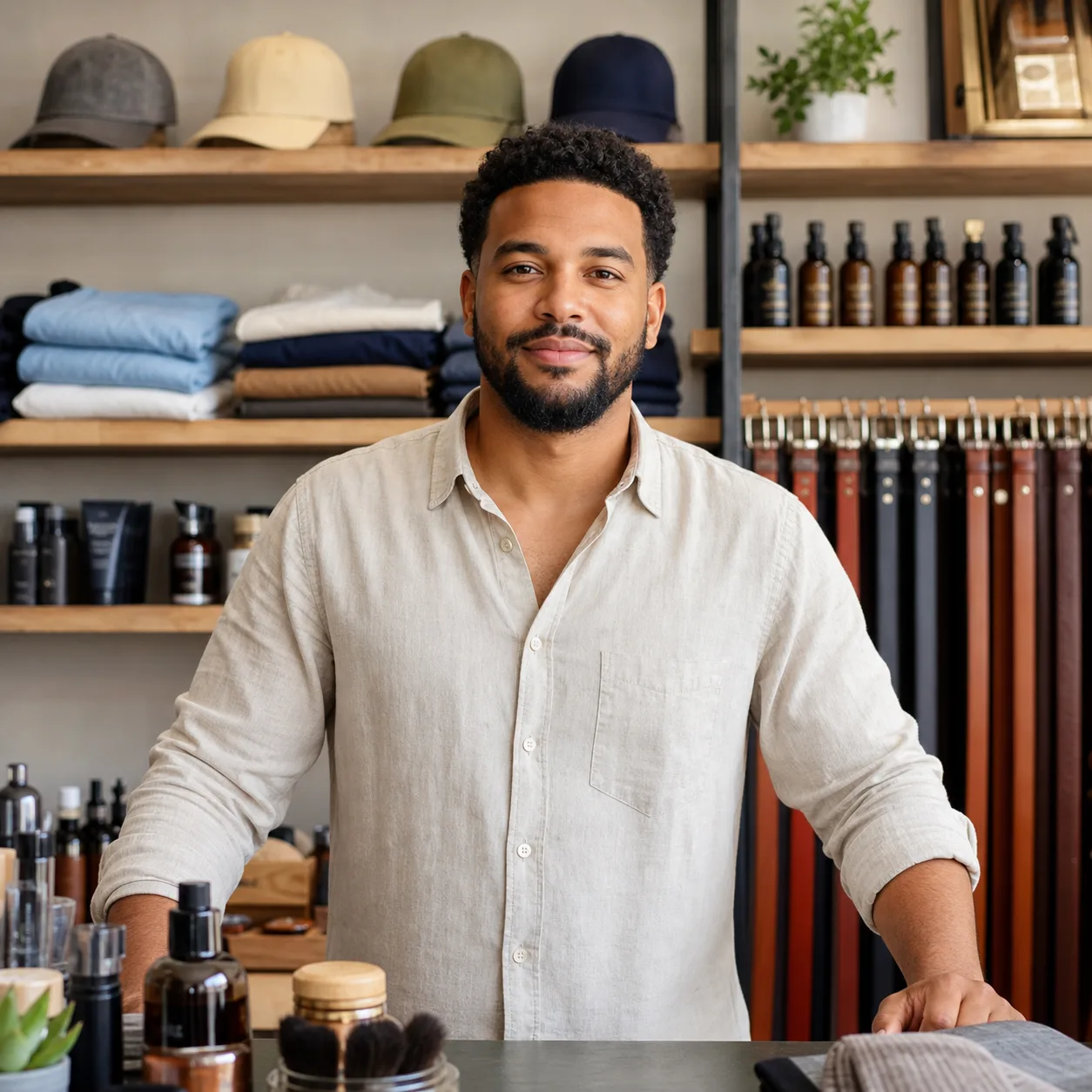 Emprendedor de frente en una tienda de moda y cuidado masculino