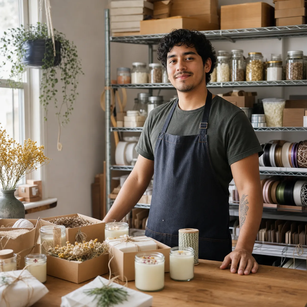 Emprendedor en un taller con mesa de productos y estantería de insumos