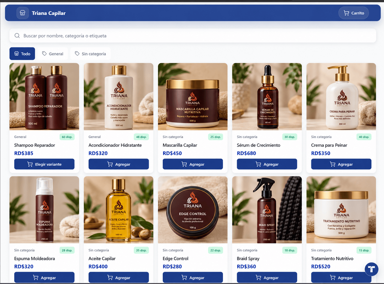 Catálogo virtual de Triada POS con productos, categorías y carrito